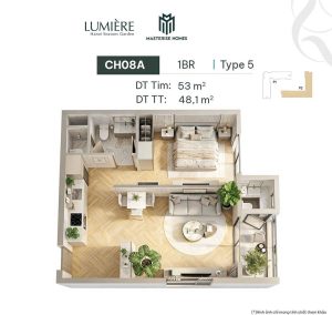 Mặt bằng căn 1 phòng ngủ 48--49m2 Hanoi Seasons Garden