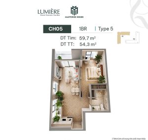 Mặt bằng căn 1 phòng ngủ 54.3m2 Hanoi Seasons Garden