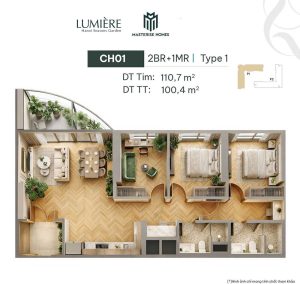 Mặt bằng căn 2 phòng ngủ +1 100m2 Hanoi Seasons Garden