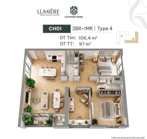 Mặt bằng căn 2 phòng ngủ +1 97m2 Hanoi Seasons Garden