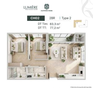 Mặt bằng căn 2 phòng ngủ 77m2 Hanoi Seasons Garden