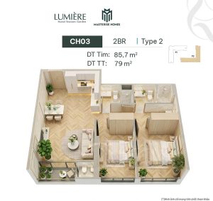 Mặt bằng căn 2 phòng ngủ 79m2 Hanoi Seasons Garden