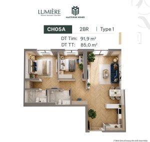 Mặt bằng căn 2 phòng ngủ 85m2 Hanoi Seasons Garden