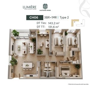 Mặt bằng căn 3 phòng ngủ 131.6m2 Hanoi Seasons Garden